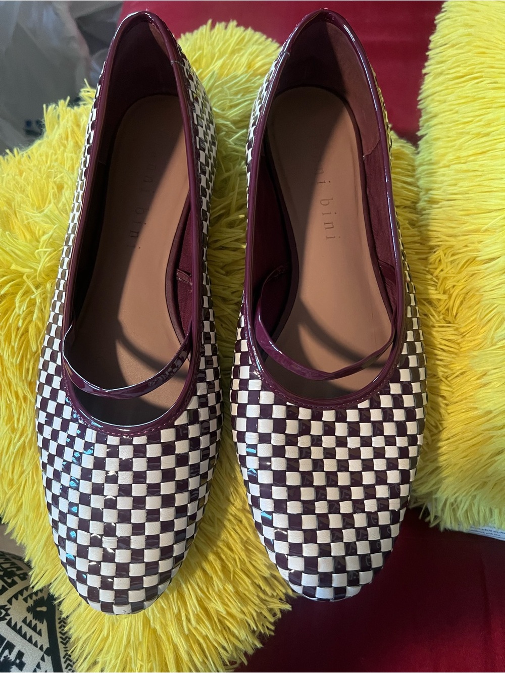 Bini Women's Burgundy & White Checkpoint Ballet Flats